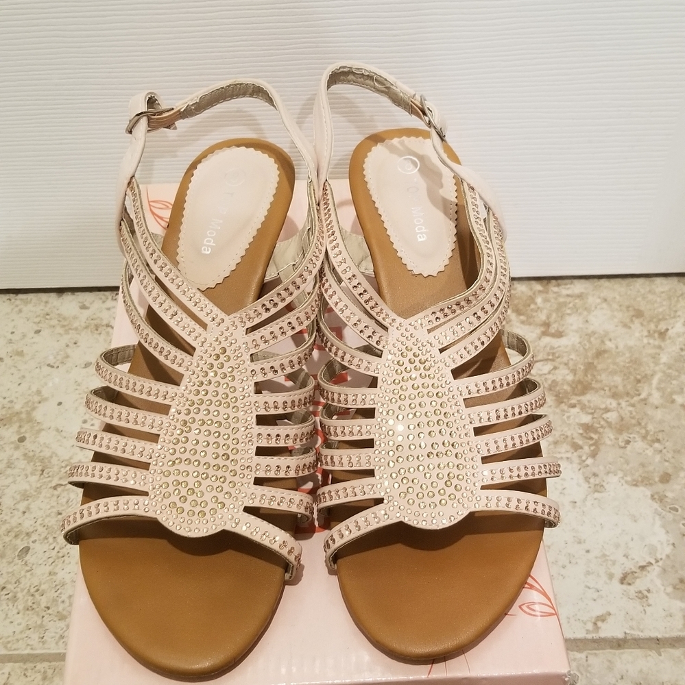 Blush colored rhinestone wedge sandals